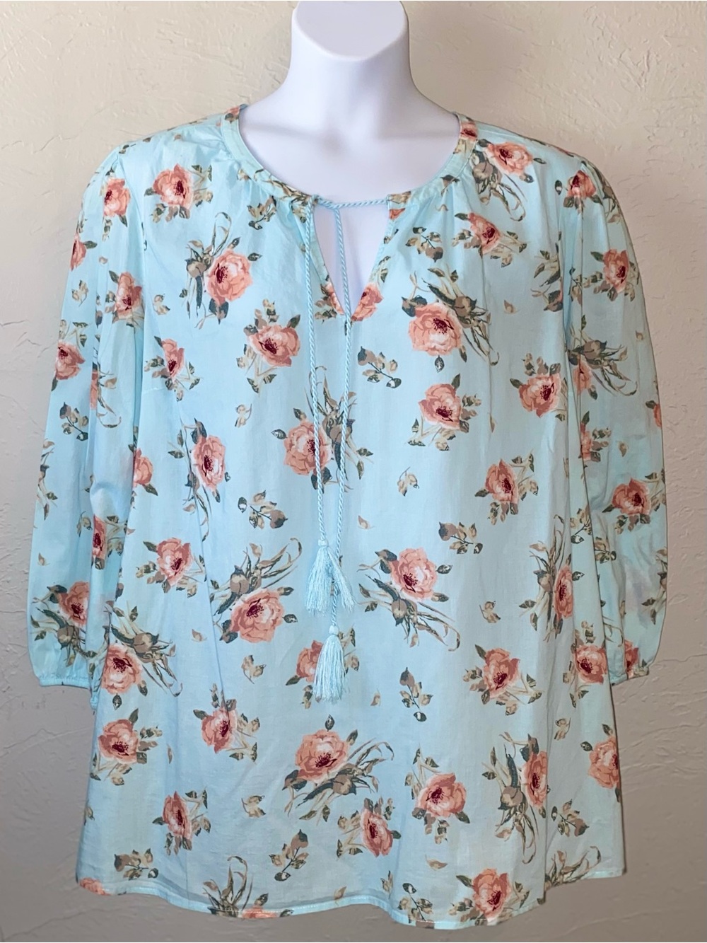 Lane Bryant Women’s Blue Floral Cotton 3/4 Sleeve Tie Neck Peasant Top Size 24